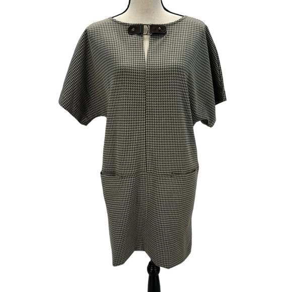 Lauren Ralph Lauren Short Sleeve Buckle Neck Herringbone Mini Dress - Brown Blue
